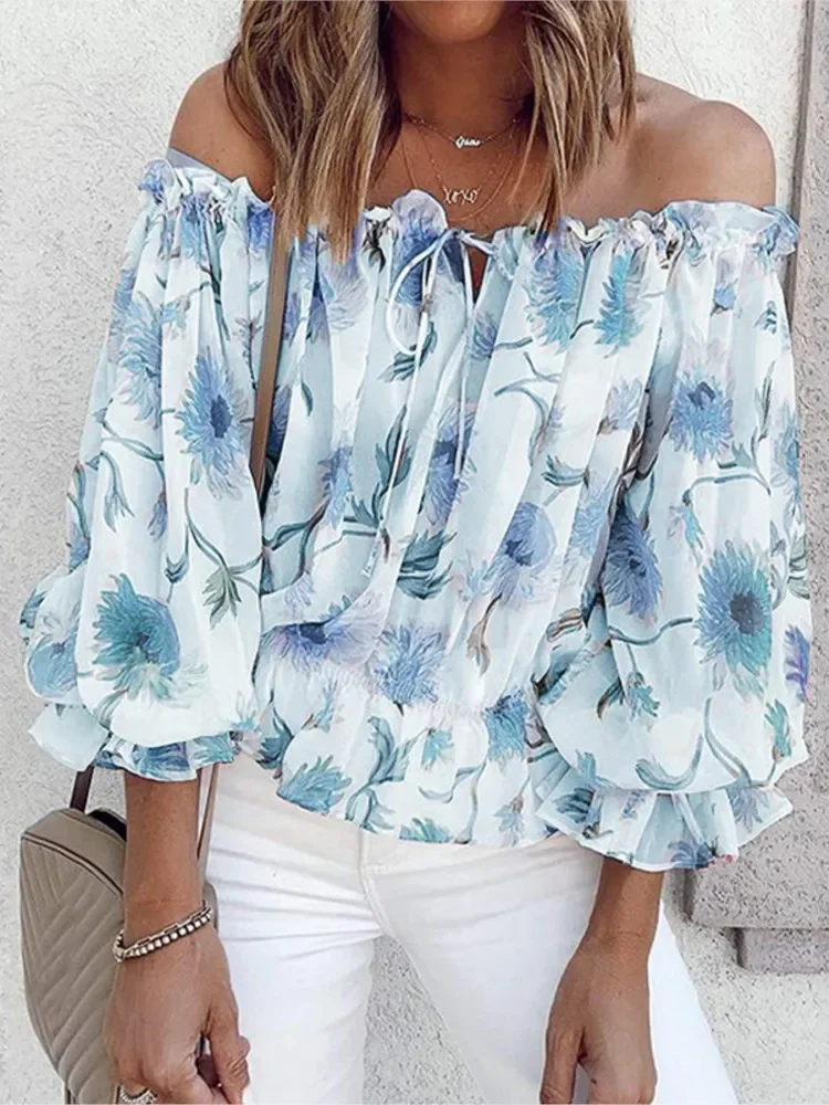 

Spring And Summer Women's Sexy One-word Collar Off-shoulder Chiffon Shirt Casual Loose Fashion Printed Long-sleeved Blouses Tops