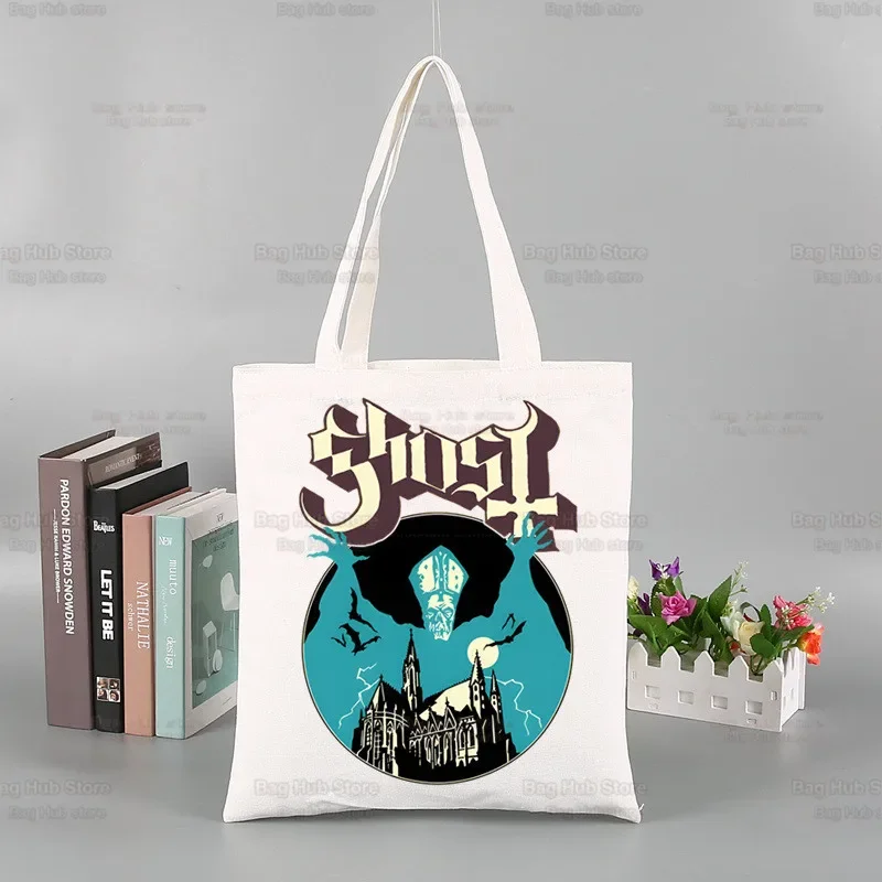 حقيبة Ghost Band Hard Rock Band Tote للجنسين من القماش حقائب تسوق مطبوعة حقيبة كتف كاجوال قابلة للطي #3