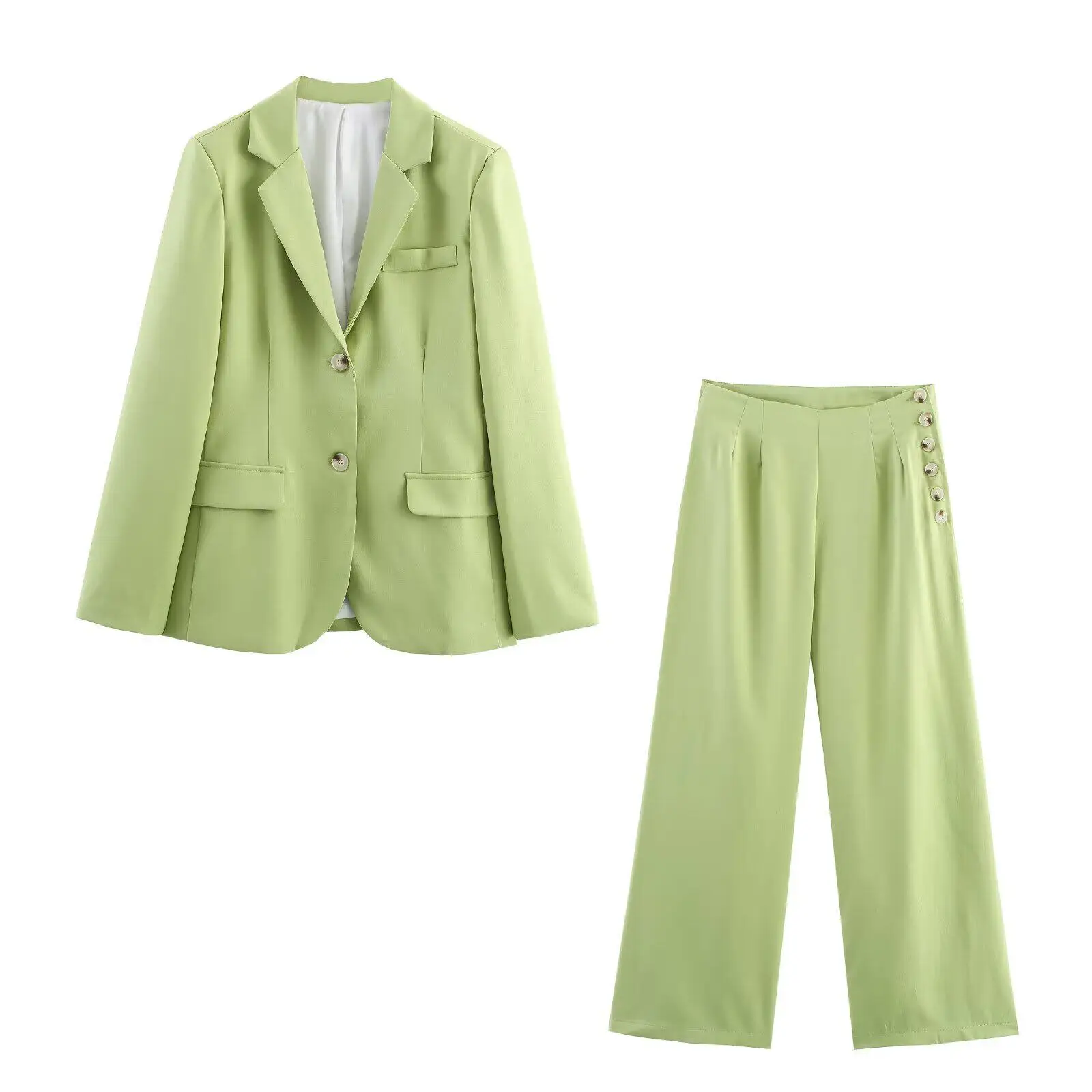 

Women's Green Two-piece Set for Work Spring Single Breasted Long Sleeve lapel Blazer & Temperament High Waist Wide Leg Pants