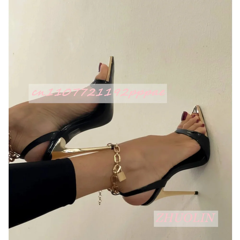 Women'S Metal Pointed Black High Heels Summer Ankle Metal Chain Back Strap Sandals Nightclub Party Women'S Shoes Zapatos Mujer view 2