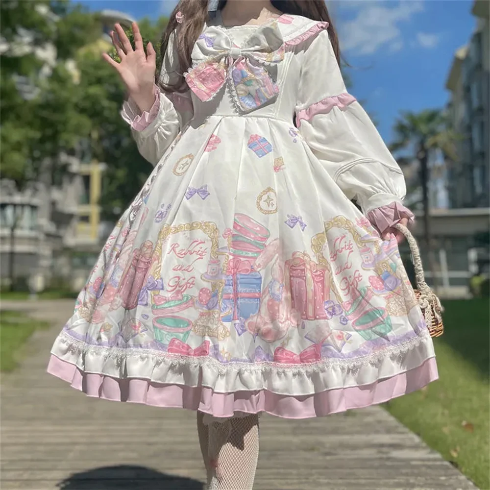 Spotkanie przy herbacie dziewczyny japoński słodki Bowknot drukowanie sukienka Lolita Kawaii kobieta kołnierz piotruś Pan bufiaste rękawy Cosplay Lolita Op