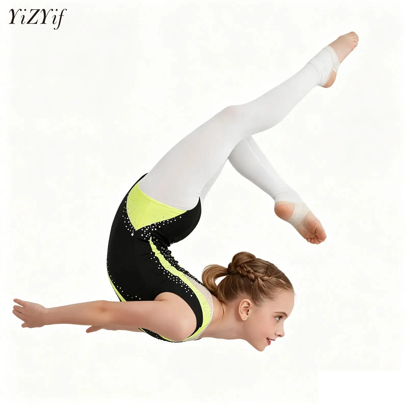 Kid Girls Gymnastics Leotard Ballet Single Long Sleeve Unitard Shiny Rhinestones Workout Bodysuit for Figure Skating Performance