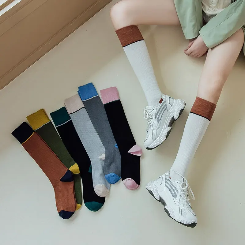 Women Long Socks Color Blocking Stockings Japanese Fashion Knee Stockings Female JK Lolita Girls Knee High Medias Чулки Женские