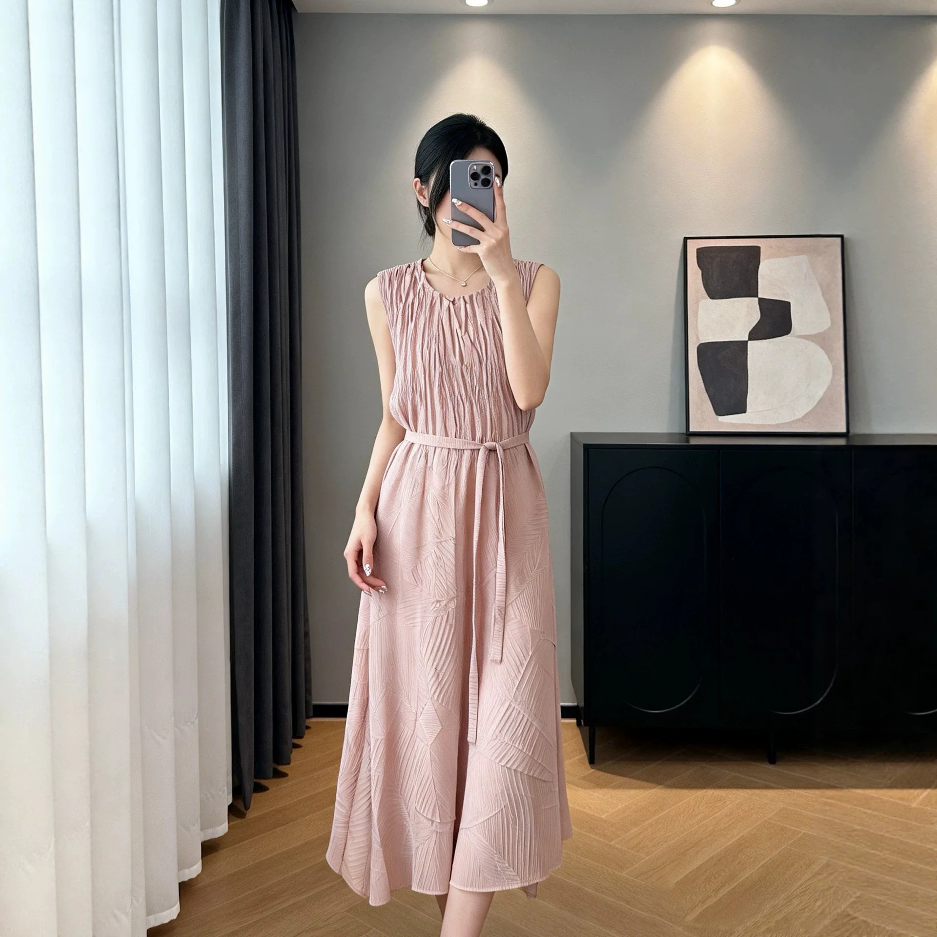 Miyake Pleated Women's Casual Dress 2026 New Japanese Design Simple Solid Color Round Neck Waist Tie Elegant Pleated Skirt