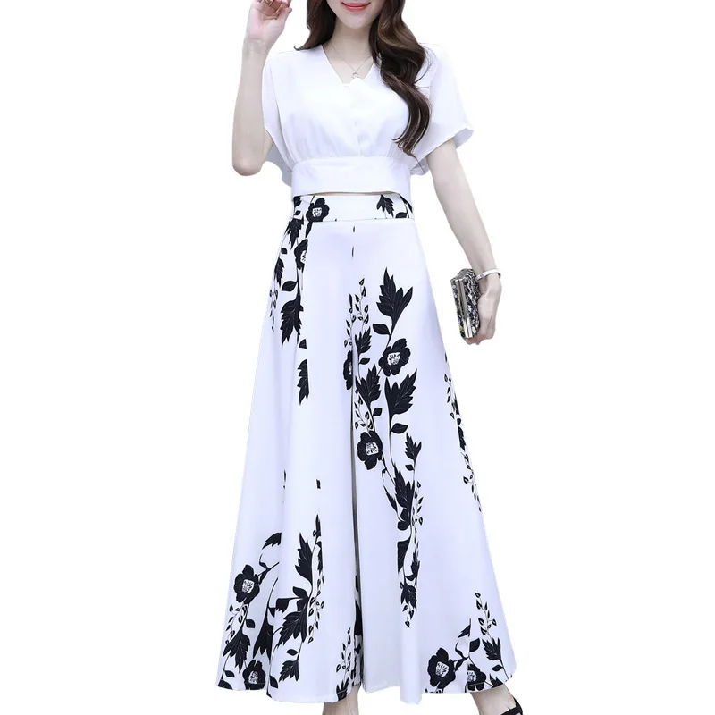 2024 Summer Commuting Fashion Loose Versatile Chiffon Solid Short Sleeved High Waist Wide Leg Printed Panel Women\'s Flare Pants