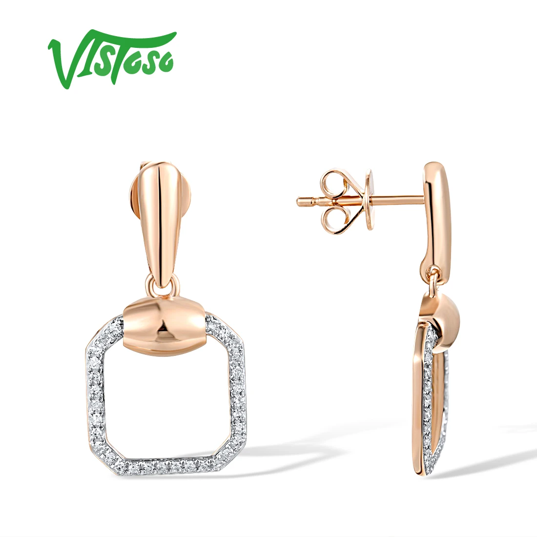 VISTOSO Authentic 14K 585 Rose Gold Stud Earrings For Women Sparkling Diamonds Dangling Simple Square Elegant Party Fine Jewelry