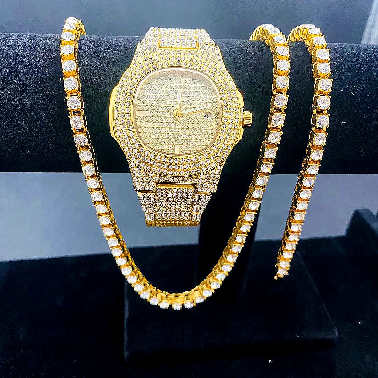 3PCS Luxury Iced Out Watch Men Women Tennis Chain Bracelet Necklaces Bling Bling Jewelry Set Luxury men\'s Watch Women Calendar