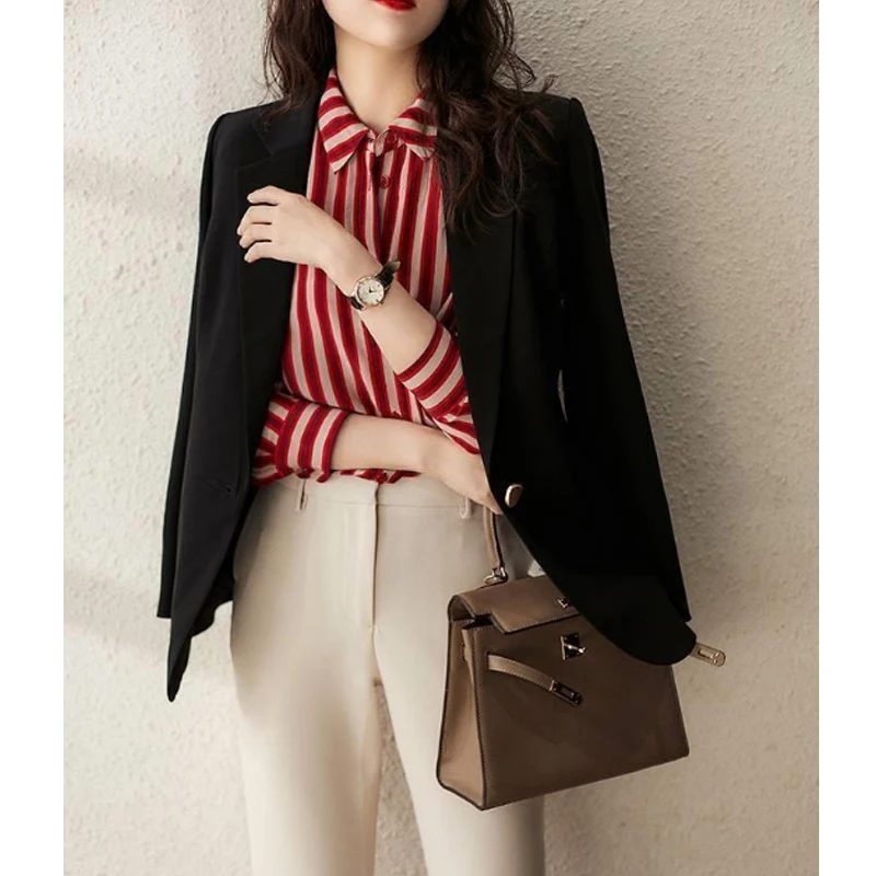 Vintage Classic Chique Rood Gestreepte Lange Mouw Office Lady Knoop Up Shirts Losse Commute Tops Blouses Voor Vrouwen Kleding