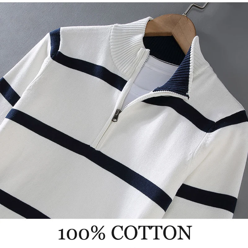 

100%Cotton Men's Clothing Sweaters Autumn Winter Half Zipper Turtleneck Stripe Mens Casual Warm Pullover Knitted High-quality