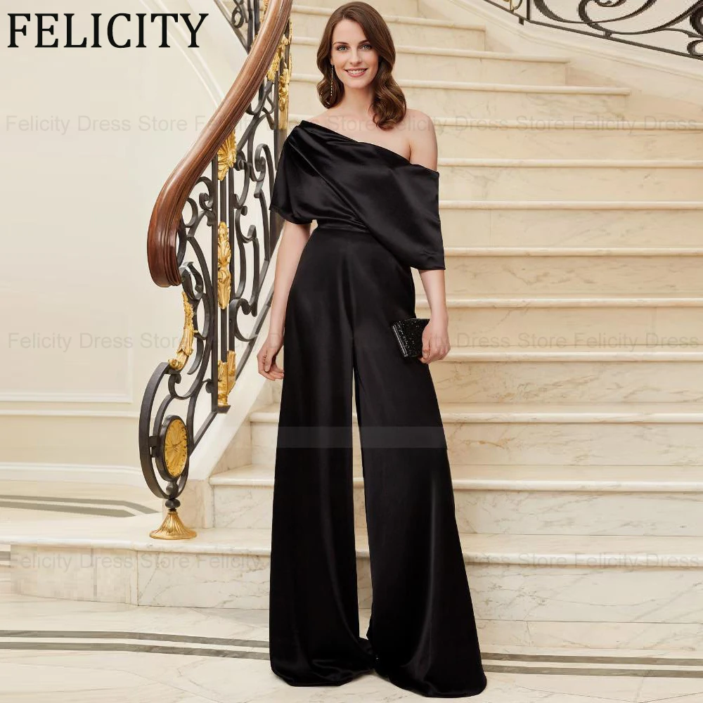 

FELICITY Customized Simple Black Jumpsuit/Pantsuit Mother of the Bride Dress Formal Wedding Guest Dresses Pleated Evening Gowns