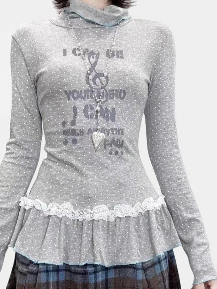 2000s American Vintage Slim Print Dot Long Sleeve T Shirts Y2k