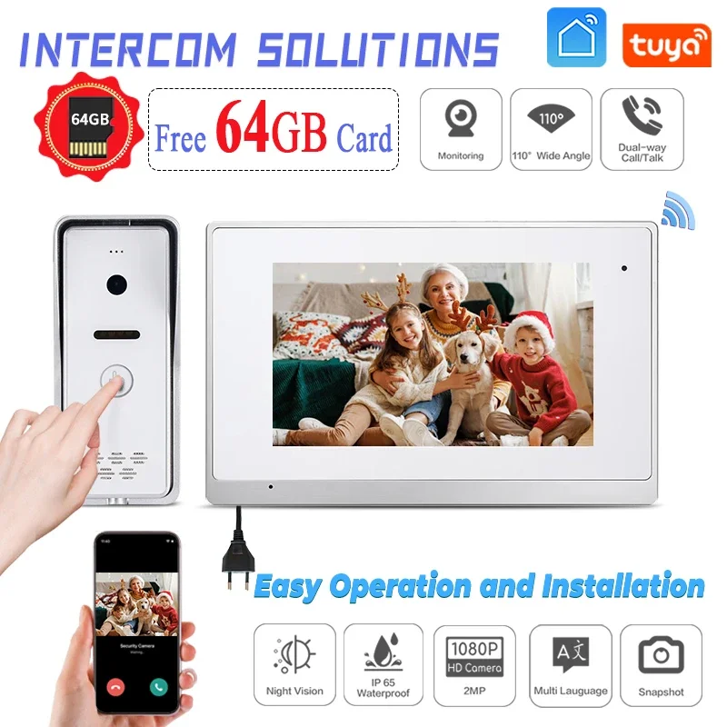 Smart 7'' Wired Video Door Telephone Doorbell Intercom Kit Video Door Phone System Tuya Intercom Door Phone