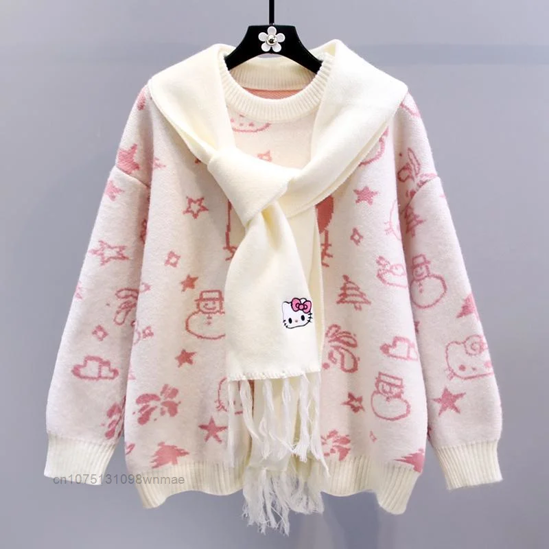 Christmas Hello Kitty Sweet Knitted Pullovers Sweater with Scarf for Women Y2k Sanrio Cute Cartoon Casual Loose Knitwear Tops