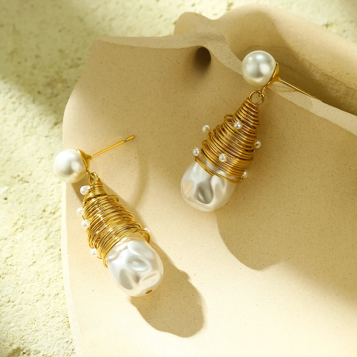 Wire wrap big pearl waterdrop dangle earrings for women stanless steel earrings summer holiday vintage elegant jewelry