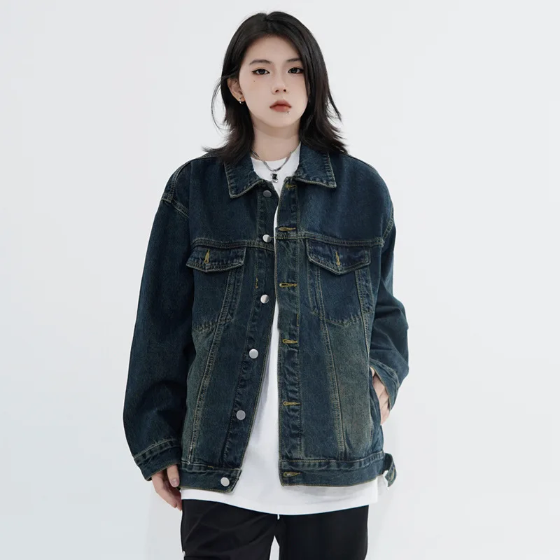 Fashion Retro Washed Denim Jacket for Women, Loose Cut Long Sleeved, Black, New Multi-functional Collar Denim Jacket for Women