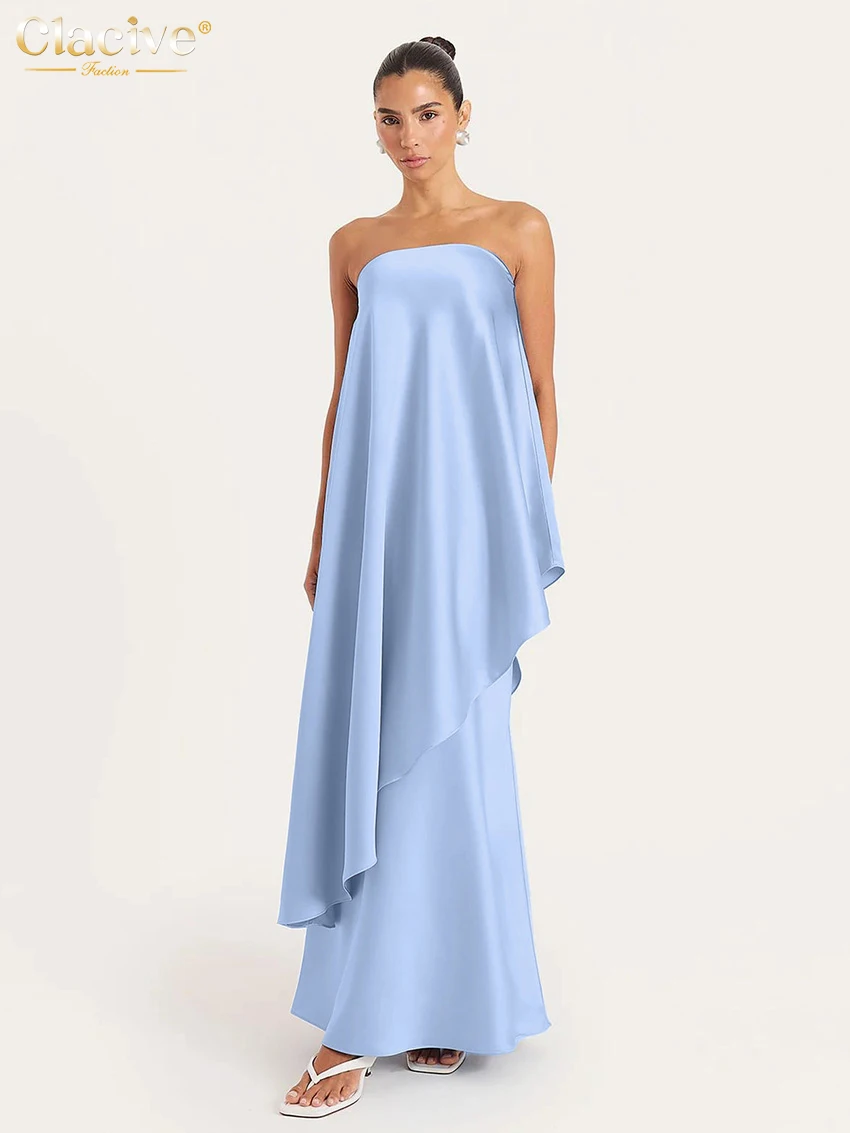 

Clacive Sexy Loose Blue Satin Skirt Sets Woman 2 Pieces 2026 Summer Sleeveless Tank Top With High Waist Long Skirt Set Female