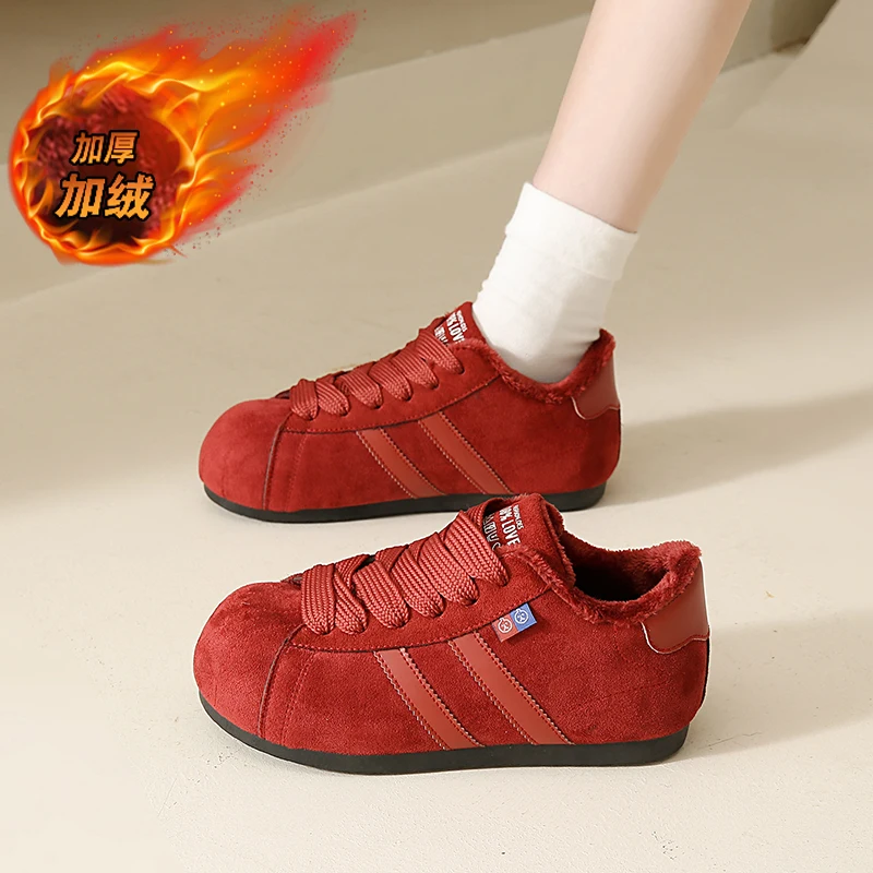 

CRLAYDK Sneakers for Women Winter Red Fur Lined Keep Warm Bread Suede Shoes Ladies Anti Slip Outdoor Walking Sport Tennis