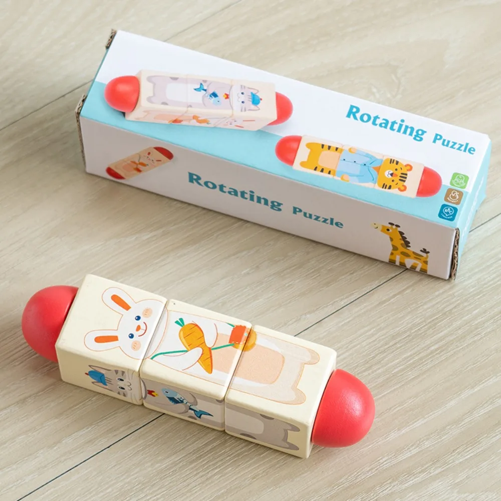 Giocattolo educativo di puzzle di rotazione animale in legno Giocattolo educativo Blocchi di puzzle rotanti di cartone animato Giocattolo di abbinamento