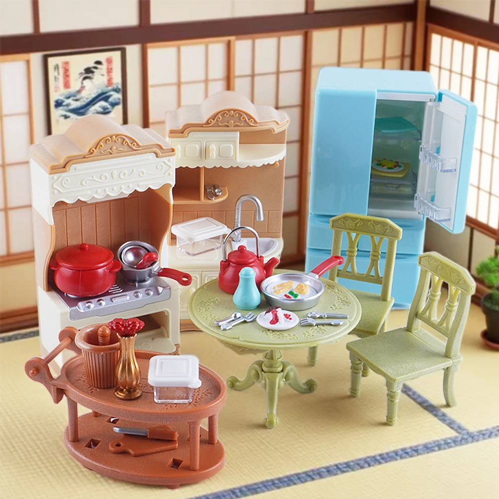 مجموعة أثاث مصغر DIY مجموعة المطبخ طاولة الطعام الخبز الغذاء نموذج 1:12 لعبة الثلاجة هدية