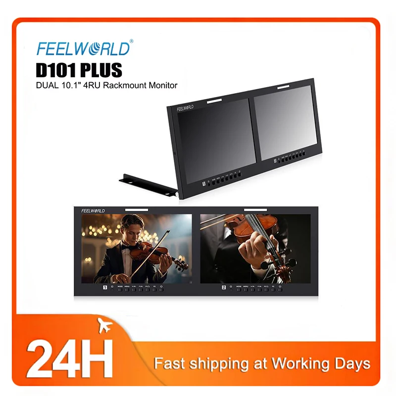 

FEELWORLD D101 Plus Двойной 10,1-дюймовый 4RU монитор для установки в стойку, входы и выходы 4K HDMI, 3G-SDI, CVBS, 1920x1200 IPS, 3D LUT