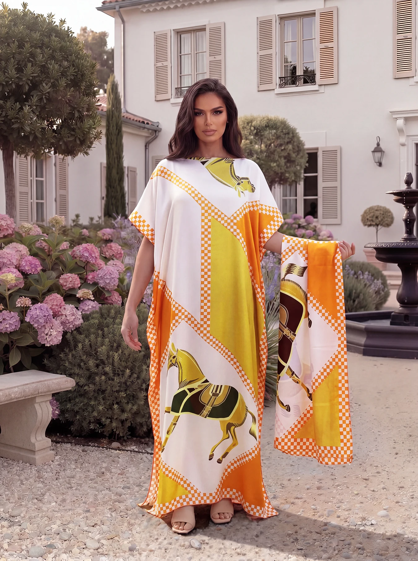 Checkered Diamond Horse Print Satin Abaya Scarf Set, Loose Batwing Kaftan For Muslim Women Summer Holiday Beach Wear view 3