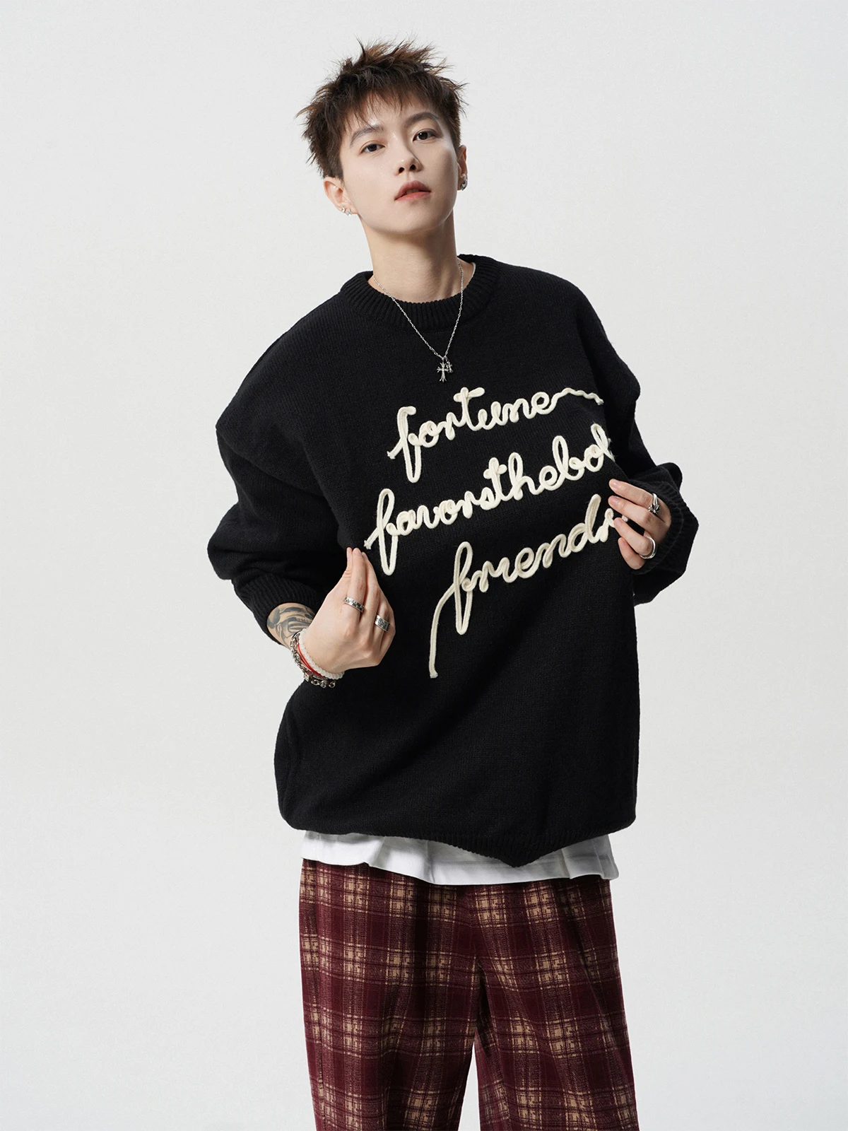 

Trendy Lazy Sle Men's Knitted Sweater Coat Loose round Ne American Retro Letter Couple's Loose Fit Long Sve Top