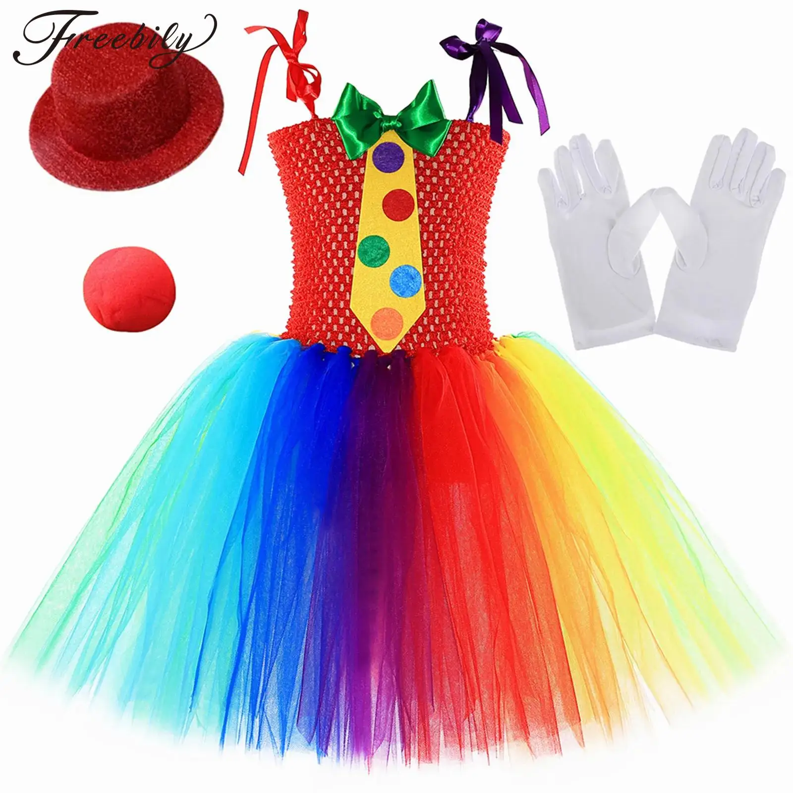 Girls Halloween Circus Clown Cosplay Costume Christmas Carnival Party Fancy Dress Adjustable Shoulder Straps Bow Tie Tulle Dress