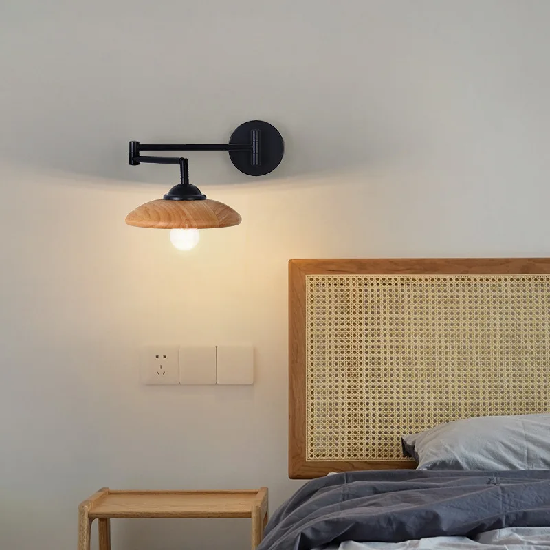Nordic Wood Grain Wall Lamp Simple Rocker Arm Lamp Japanese Style Living Room Bedroom Retractable Foldable Bedside Wall Light