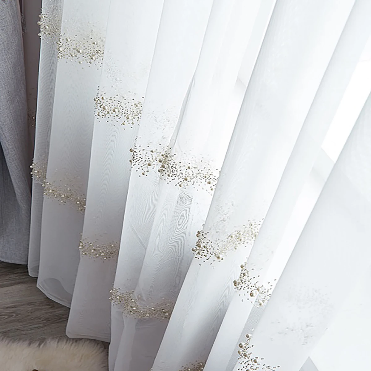 White Sheer Panel Curtain, Modern Polyester Faux Pearl Decor Light Filtering Privacy Sheer Curtain For Home