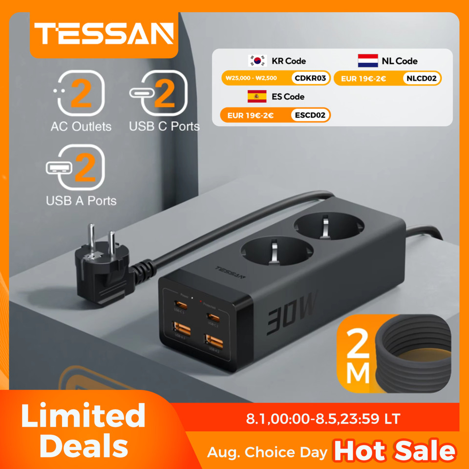 TESSAN 30W GaN Multiple Socket Power Strip with 2 Outlets 2 USB 2 Type C Cube Surge Protection Socket with 2M 5M Extension Cord