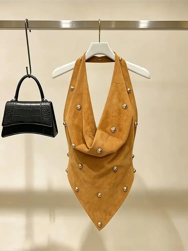 Heavy Beaded Off-Shoulder Top Women Halter Neck Cowl Neck Vintage Tank Top Lady Casual Basic Tees Fashion Sleeveless T-shirt