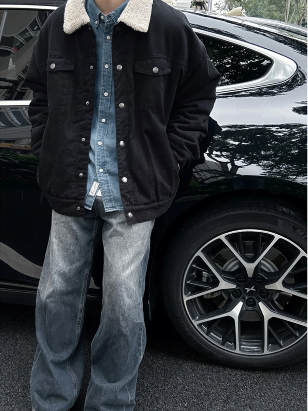 

Мужская джинсовая куртка с воротником из овечьей шерсти, осенне-зимняя, утепленная, свободного кроя, из хлопка, в американском уличном стиле, рабочая одежда