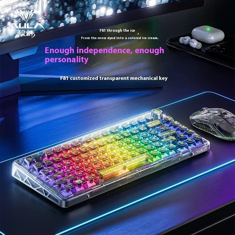 AULA F81 Gaming Keyboard 2.4g Wireless Bluetooth Wired Tri-Mode GASKET Structure Hot Swappable RGB Custom Mechanical Keyboard