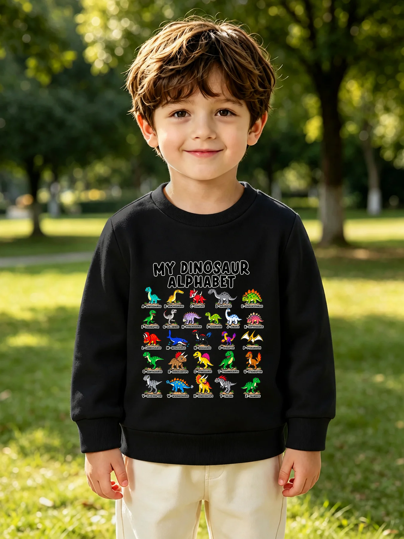 Boys Crew Neck Sweatshirt My Dinosaur Alphabet Cartoon Dinosaur Print Kids Educational Long Sleeve Casual Pullover Top