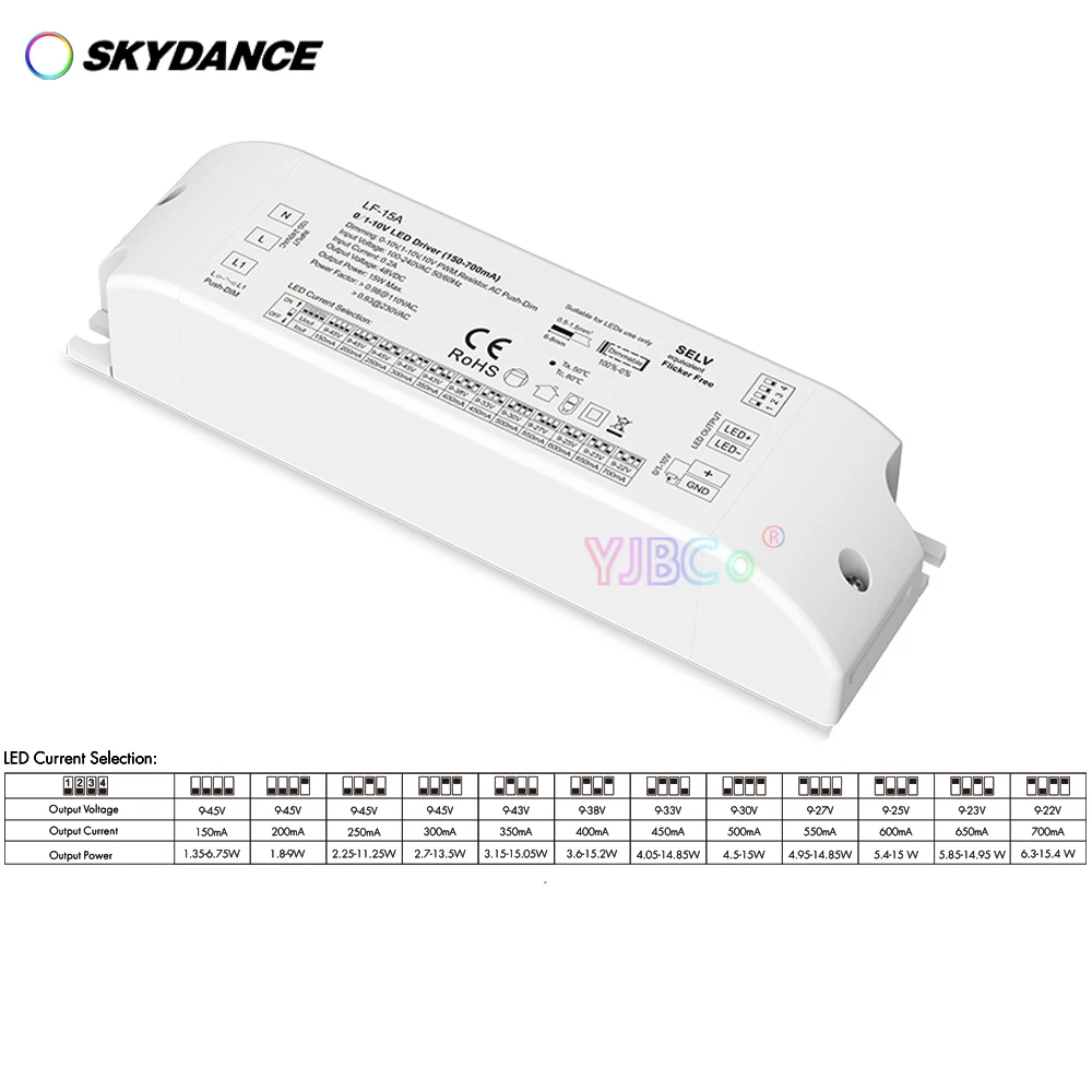 Skydance 15W CC 150-700mA 0/1-10V Dimmable LED Driver AC110V-220V Constant Current Power Supply For Downlight Spotlight 10-45VDC