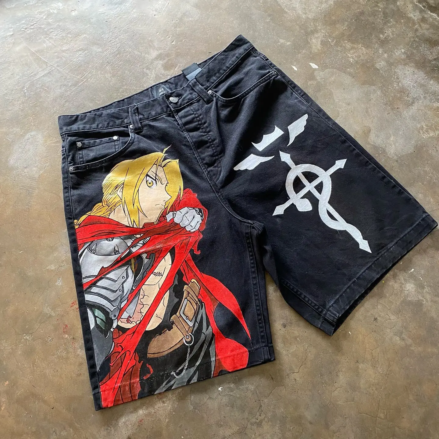 Harajuku Anime Graphic Baggy Short Pants Y2K Pants Denim Gym Streetwear Mens Shorts Harajuku Gothic Men Basketball Short jeans