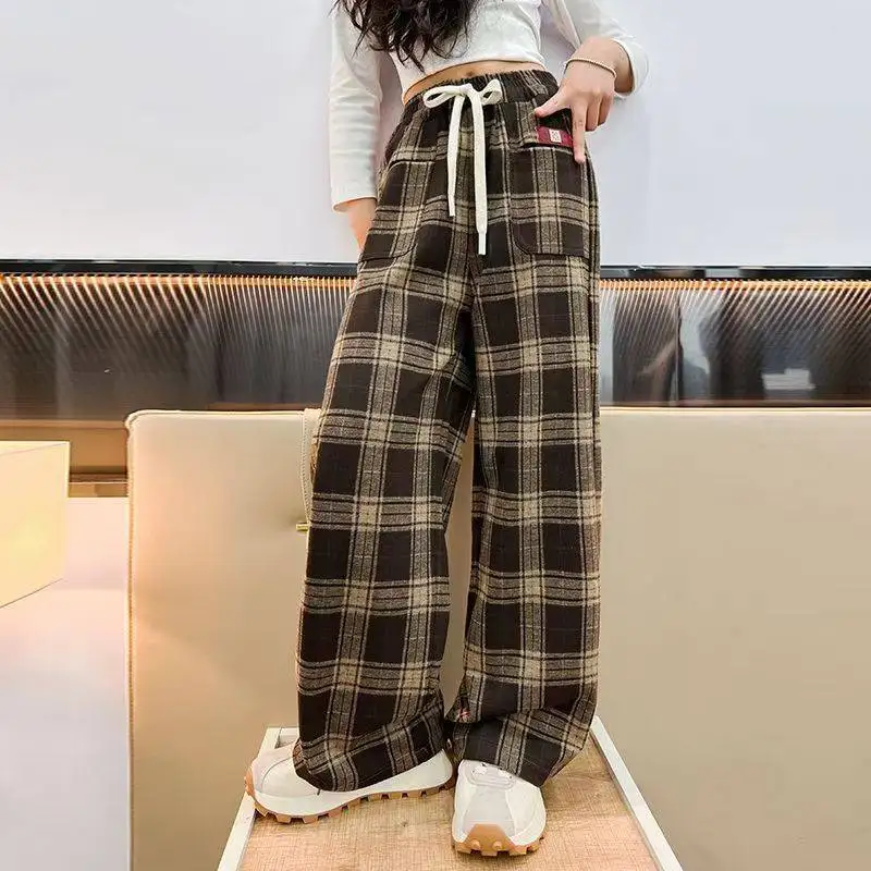 Girls Fleece Lined Pants Winter Thick Warm Wide Leg Casual Trousers Kids Fashion Long Bottoms 2