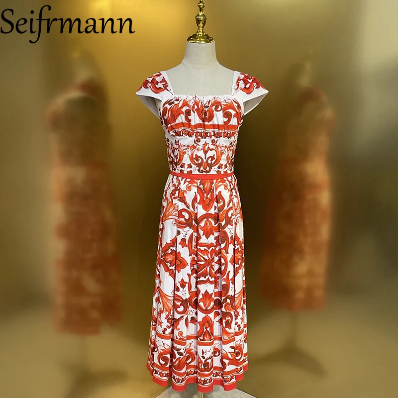 Seifrmann 2026 Sommer Damen Neues Modisches Kleid mit Quadratischem Ausschnitt, Kurzen Ärmeln, Baumwolle, Bedruckt, Tailliert, Mittellang