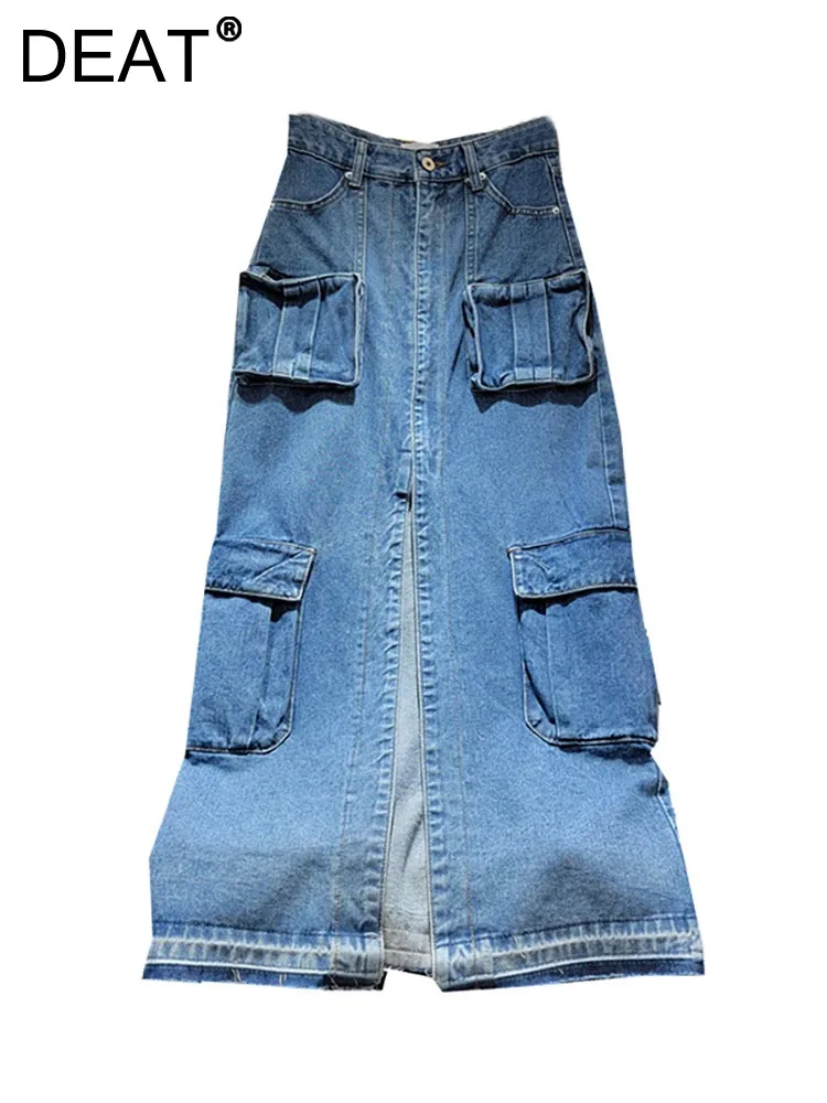 

DEAT Women's Denim Skirt High Waist Multiple Pockets Split Patchwork A-line Cargo Long Skirts 2024 Autumn New Fashion 29L8038