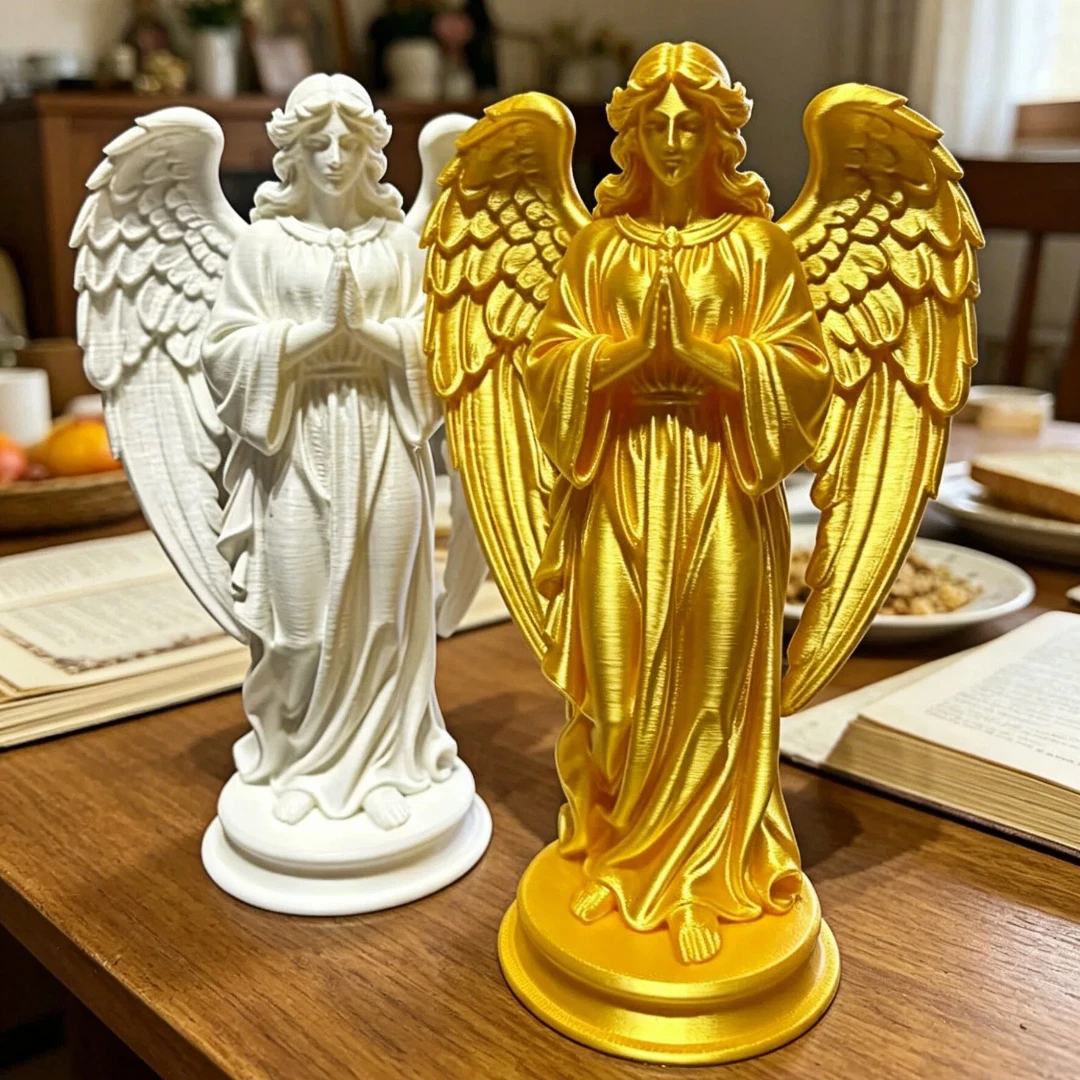 3D Printed Praying Angel Statue Guardian Angel Figurine White Gold Religious Sculpture for Christian Home Altar Decor