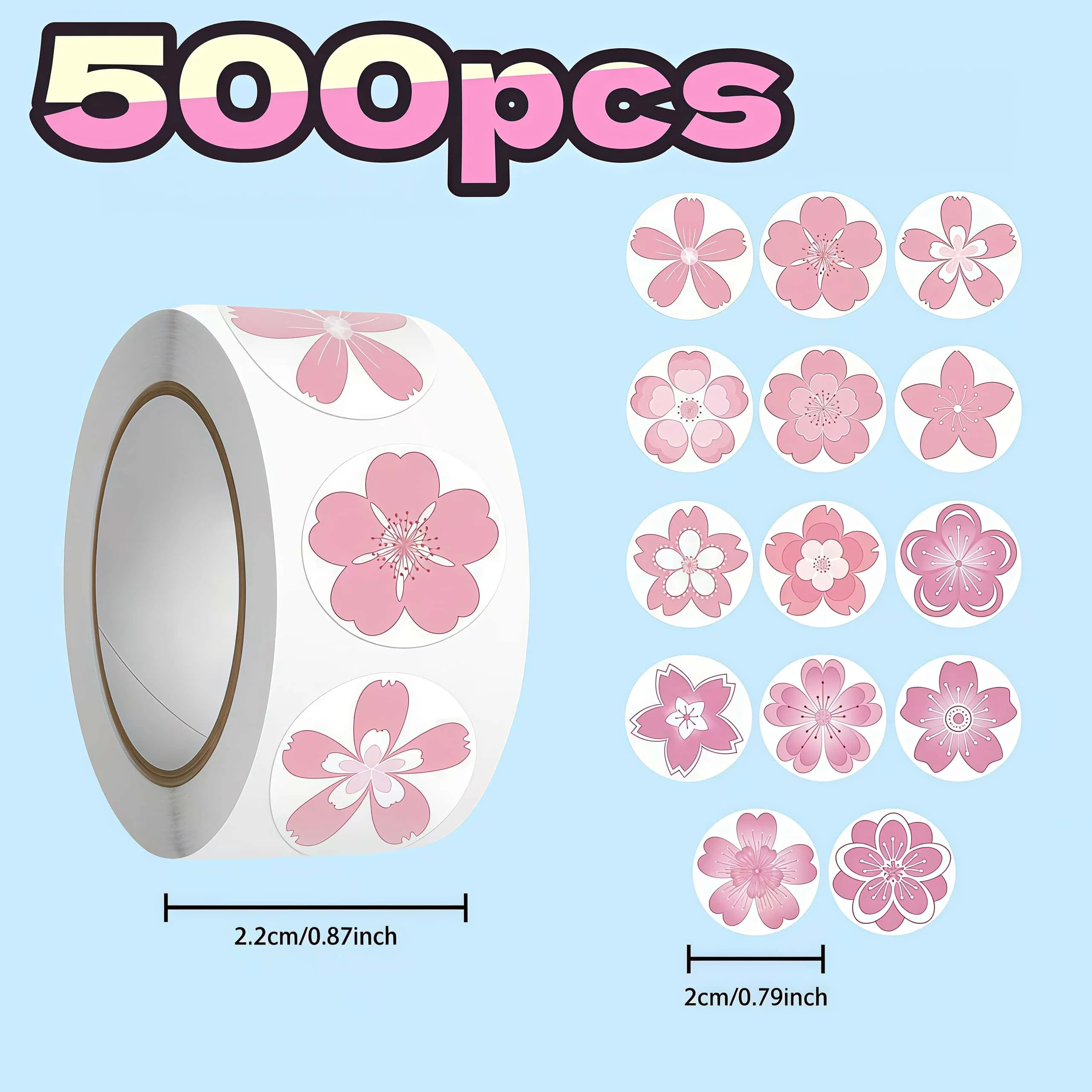 500Pcs Round Pink Cherry Blossom Roll Stickers, Elegant Sakura Floral Self-adhesive Labels for Gift Packaging Journal DIY Decor