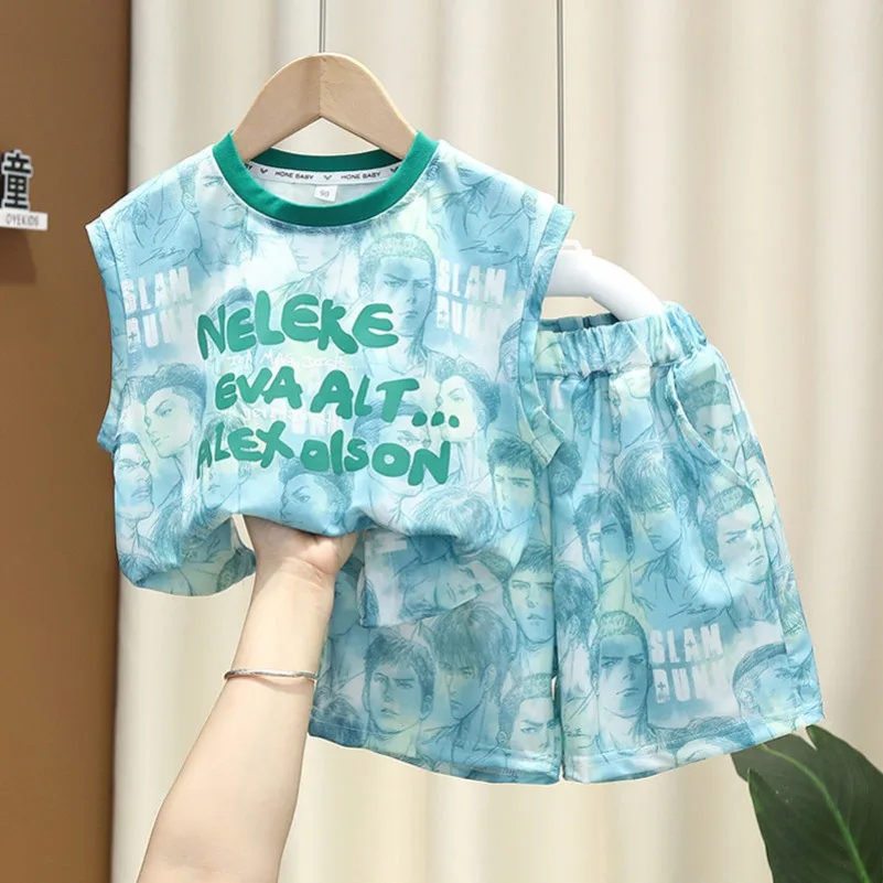 

Summer Outfits Slam Dunk Master Vest Kids Casual Light Blue Kids Sleeveless Sets 2PC Neck Cotton Round Print Boys 2-10Y Old