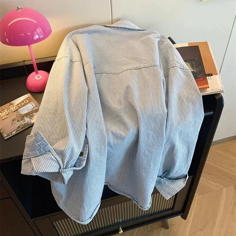 Vintage Striped Shirts Women Sweet Preppy Style Oversize Blouse Korean Fashion Chic Cute Button Turn Down Collar Long Sleeve Top