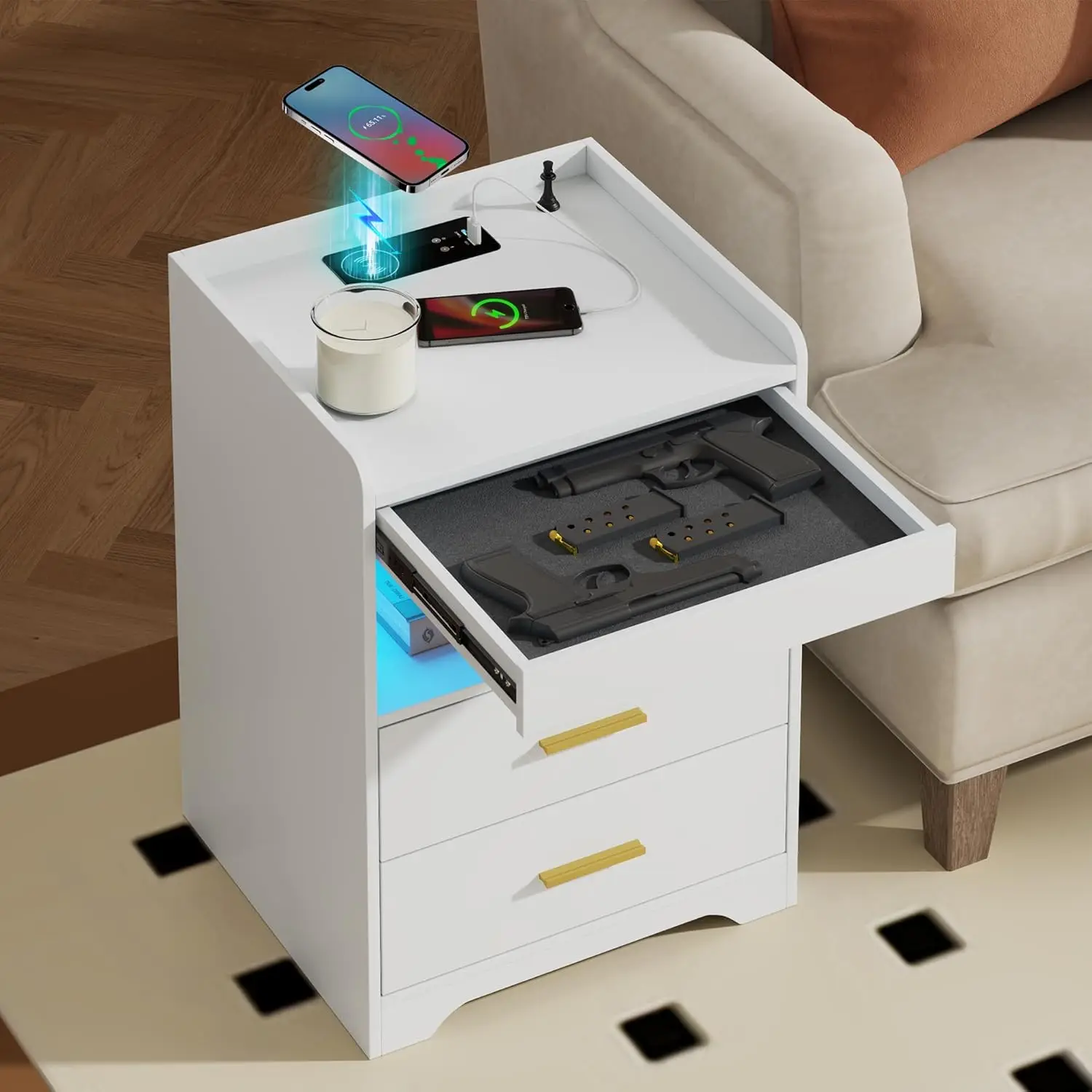 Nightstand with Lockable Gun Drawer, Night Stand with Charging Station, USB & Type-C Port, Modern Bedside Table with Light