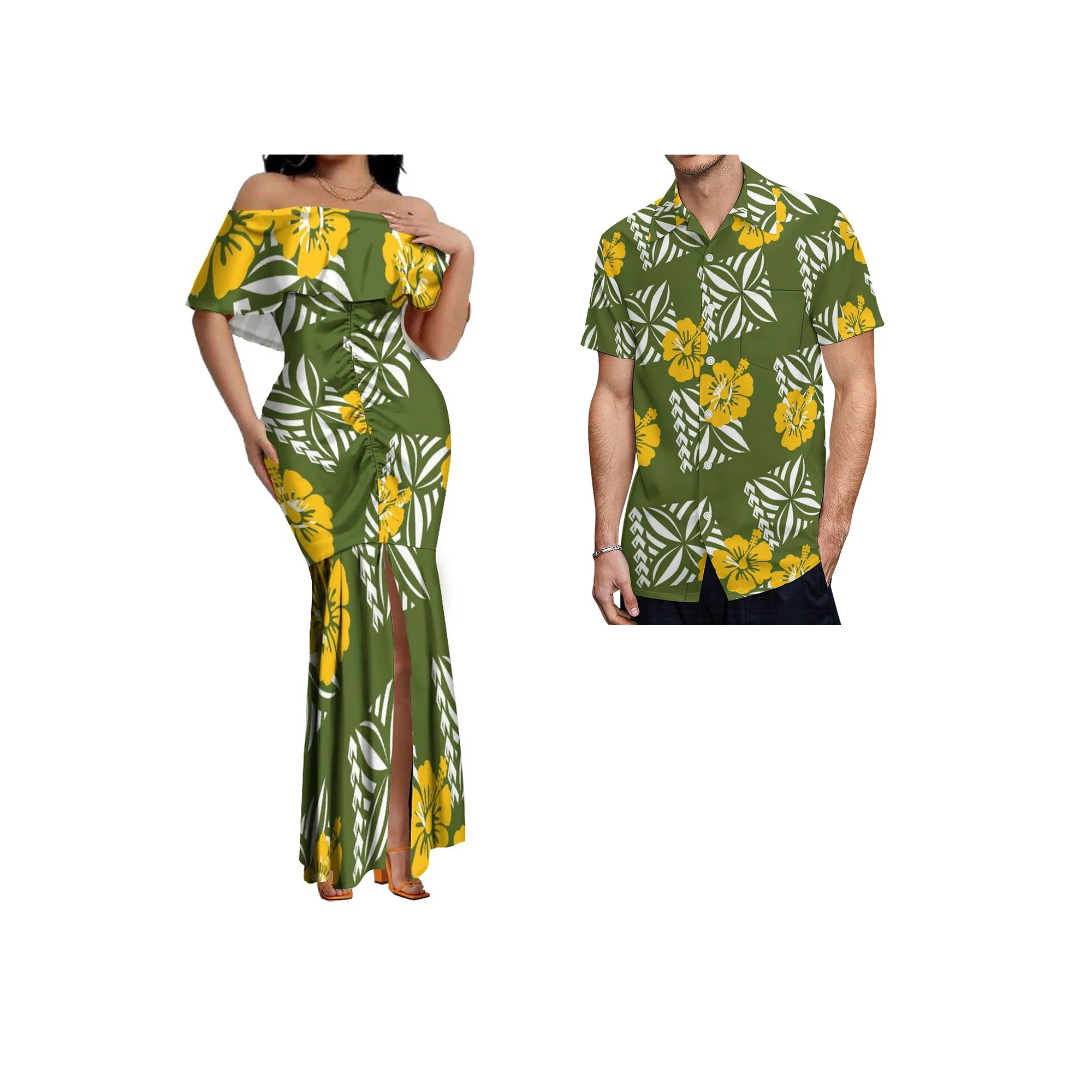 Hot Sale Custom Tapa Print Pacific Island Dresses Bodycon Slit Pleated Dress Polynesian Tribal Maxi Mermaid Dresses