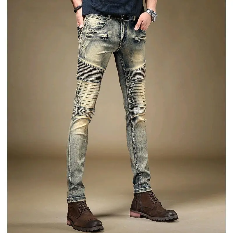 Jeans retrô de perna reta masculino, street bike, hip hop, motocicleta, casual, lavado com água, elástico, moto, calça jeans emendada, novo, 2022