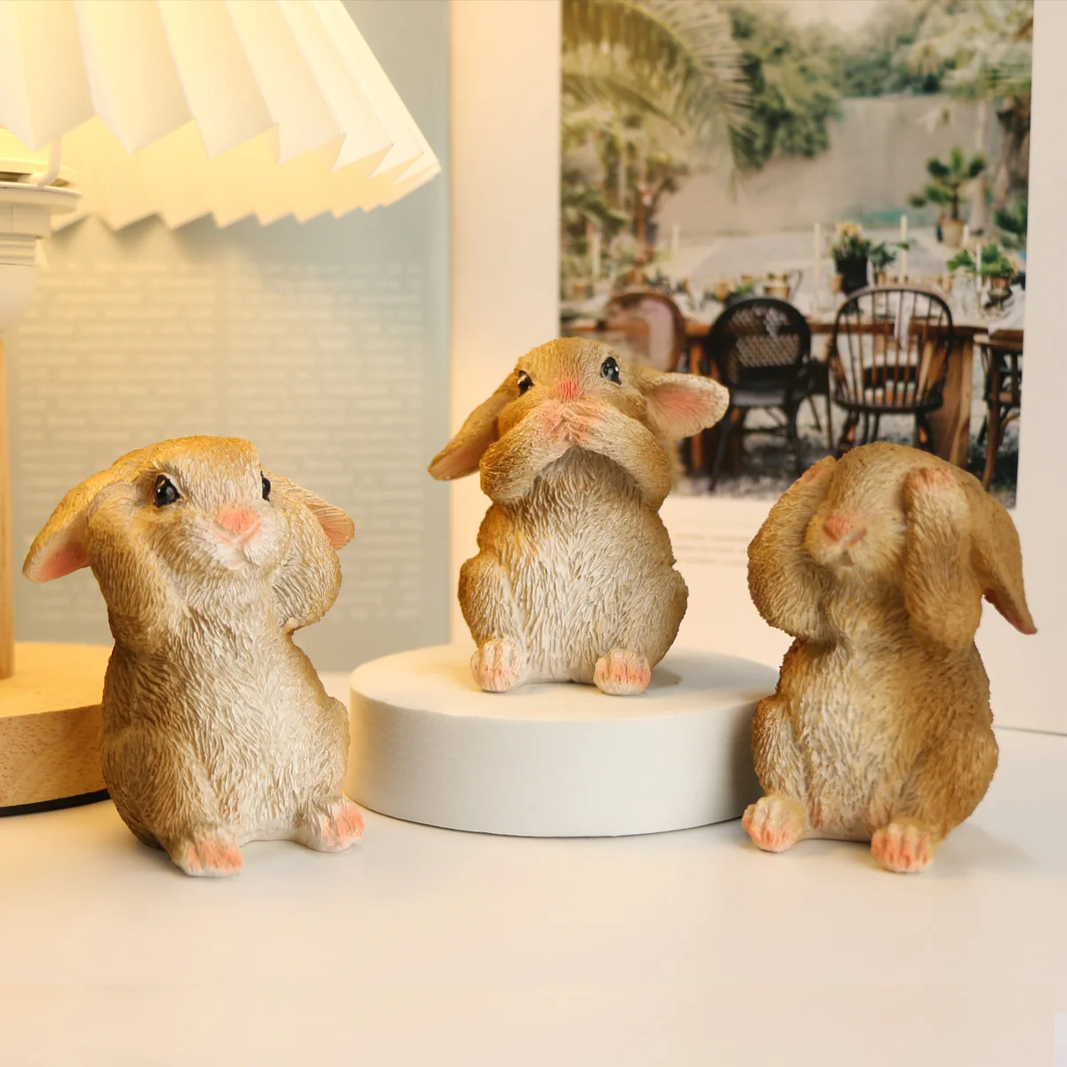 3pcs/set Resin Rabbit Figurine  Decor - No Say/Look/listen Animal, Mini Animal Model for Farm Yard - Artificial Lamb Craft Gift