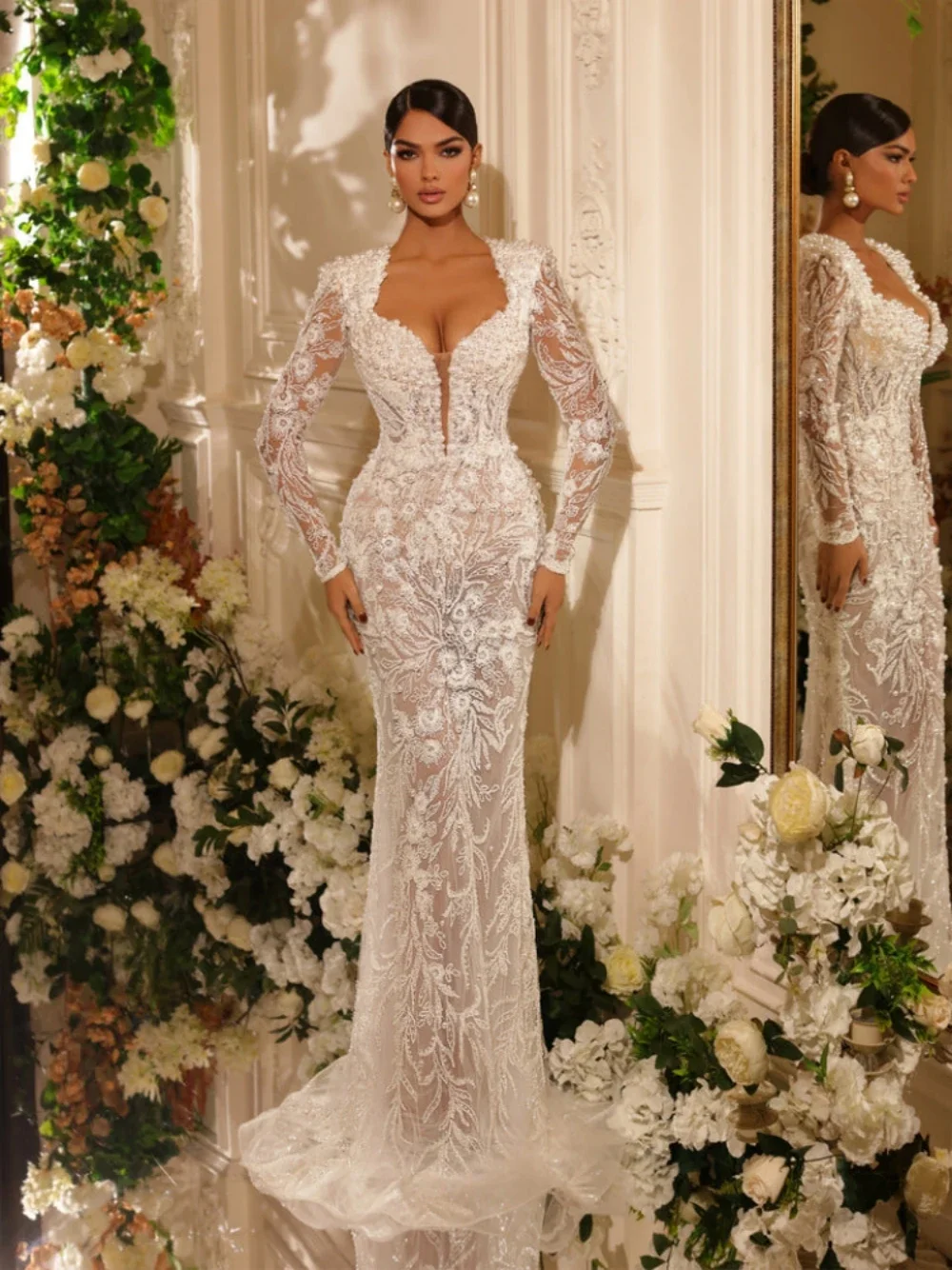 Flavinke Aangepaste Zeemeermin Sweetheart Hals Trouwjurken Kralen Parels Bruid Gewaad Lange Afneembare Bruidsjurk Robe De Mariée