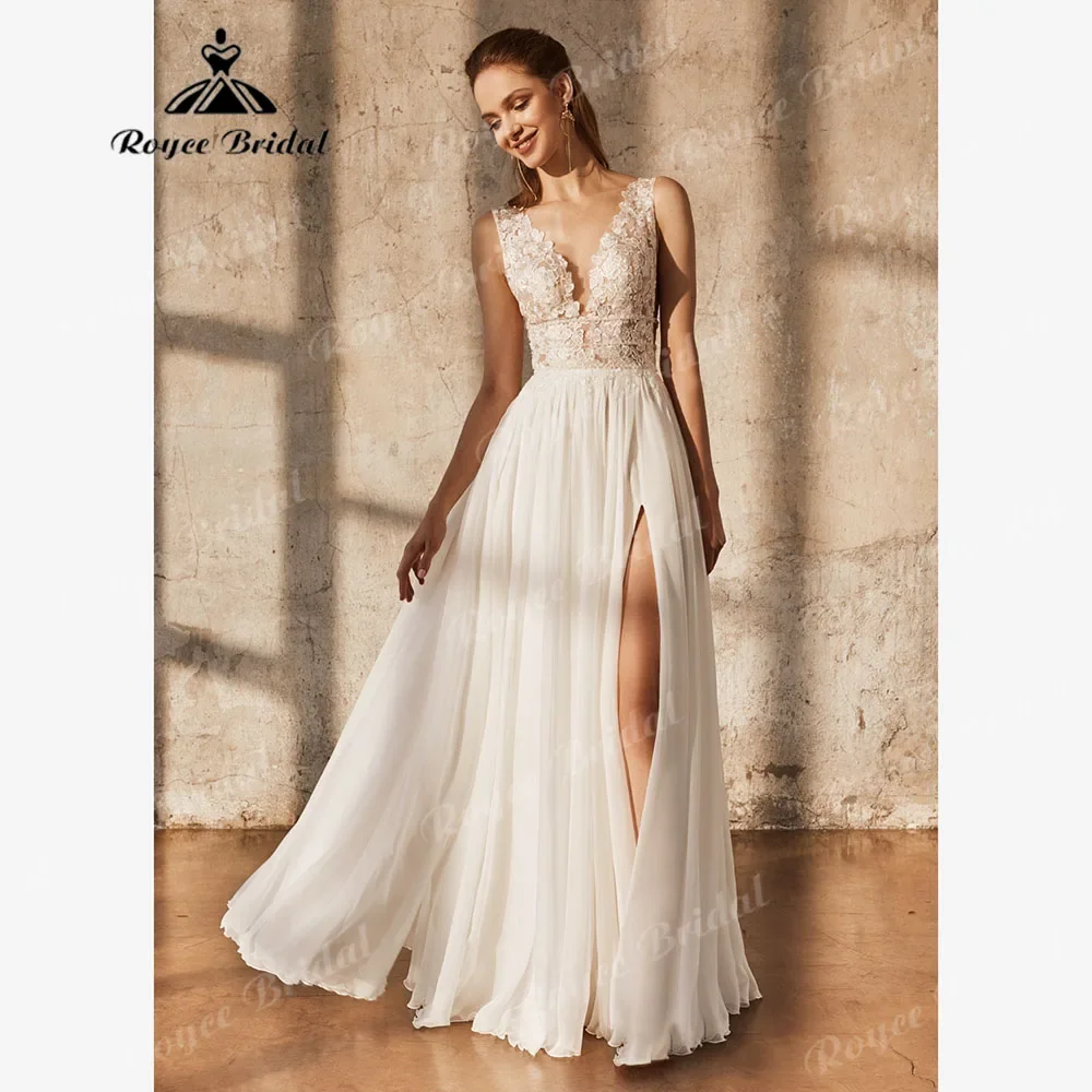 

Chiffon Lace Split Side V Neck Boho Sleeveless Wedding Dress for Women 2025 Bridal Party Gown robe mariage civile