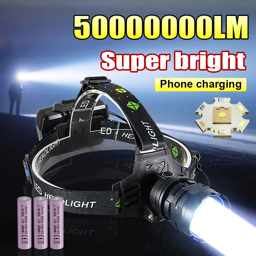 50000000LM Super Bright LED Headlight Type-C Rechargeable Headlamp 2000M Lighting Head Flashlight For Fishing Head Lamp Lantern